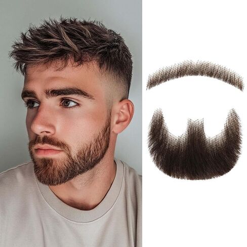 MODERN QUEEN Human Hair Beard Goatee, 100% Handmade Soft Lace Invisible Fake Beard, Highly Realistic Brown Fake Mustache Goatee, For Makeup Cosplay Halloween Costume Party(Brown) in Saudi Arabia