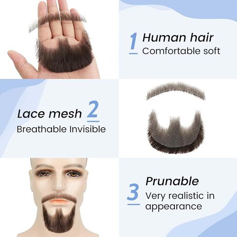MODERN QUEEN Human Hair Beard Goatee, 100% Handmade Soft Lace Invisible Fake Beard, Highly Realistic Brown Fake Mustache Goatee, For Makeup Cosplay Halloween Costume Party(Brown) in Saudi Arabia
