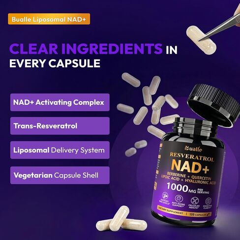 Liposomal NAD Resveratrol Supplement, NAD Supplements for Women & Men - NMN Supplement Alternative, Supports Healthy Aging, Cellular Energy, 8-in-1 with NAD+, Resveratrol, Quercetin, 120 Capsules in Kuwait