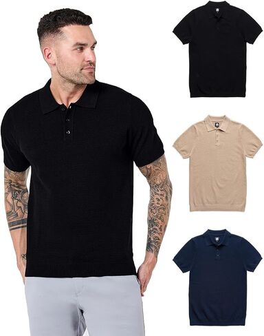 INTO THE AM Vista Men's Sweater Polo - Short Sleeve Knit Polo Shirt Textured Collar Tailored Fit 4-Way Stretch Cotton in Kuwait