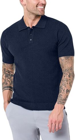 INTO THE AM Vista Men's Sweater Polo - Short Sleeve Knit Polo Shirt Textured Collar Tailored Fit 4-Way Stretch Cotton in Kuwait
