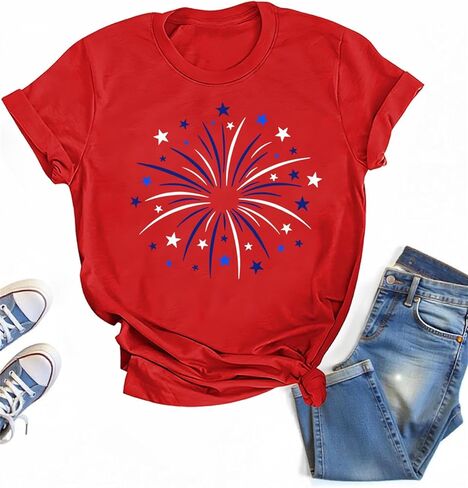 Independence Day Fireworks Print T-Shirt 4th of July Patriotic T Shirt for Women in Kuwait