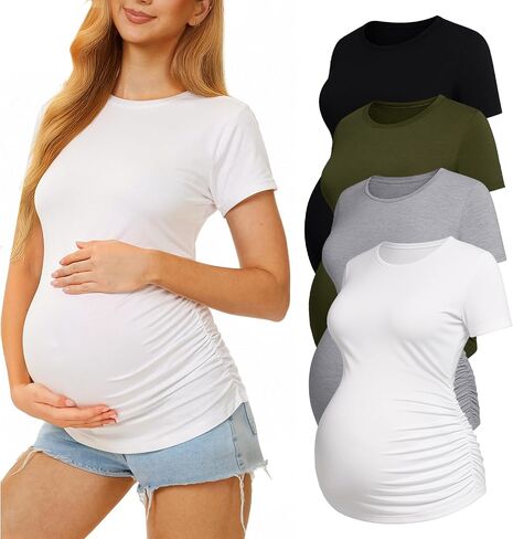 4 Pack Womens Maternity Shirts - Crew Neck Maternity Top Short Sleeve Pregnancy Tee Shirts in Saudi Arabia