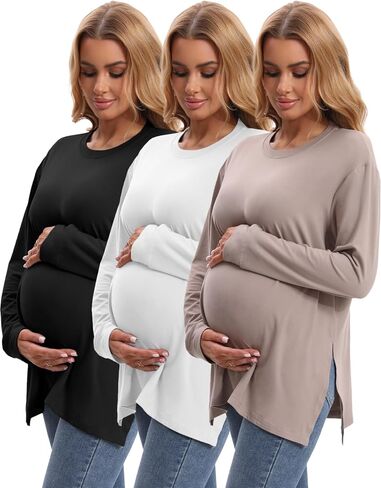 Women's Maternity Crew Neck Long Sleeve Side Slit Yoga Activewear Loose Fit Top in Comfortable Fabric in Saudi Arabia