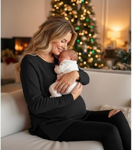 Women's Maternity Crew Neck Long Sleeve Side Slit Yoga Activewear Loose Fit Top in Comfortable Fabric in Kuwait