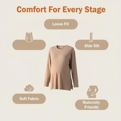 Women's Maternity Crew Neck Long Sleeve Side Slit Yoga Activewear Loose Fit Top in Comfortable Fabric in Kuwait