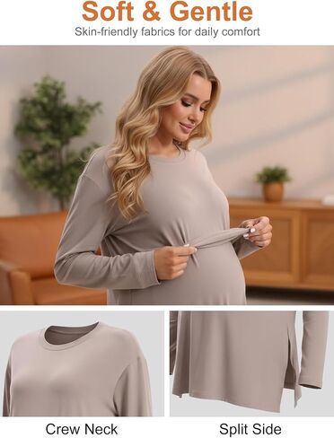 Women's Maternity Crew Neck Long Sleeve Side Slit Yoga Activewear Loose Fit Top in Comfortable Fabric in Kuwait