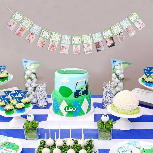 Golf First Birthday Photo Banner - Golf Ball 1st Birthday Decorations, Blue Green Grid Monthly Picture Banner, Hole In One Party Decorations, For Sports Themed Party Supplies Indoor Outdoor in Kuwait