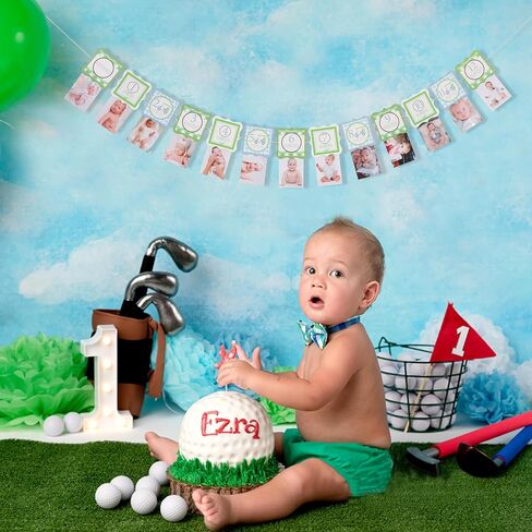 Golf First Birthday Photo Banner - Golf Ball 1st Birthday Decorations, Blue Green Grid Monthly Picture Banner, Hole In One Party Decorations, For Sports Themed Party Supplies Indoor Outdoor in Kuwait