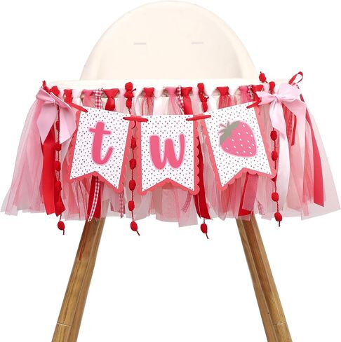 Strawberry 2nd Birthday High Chair Banner- Strawberry Themed Garland Decoration, Best Sweet Two Birthday Banner，Pink And Red Fairy Party Decoration， For Smash Cake Backdrop Photo Props Party Supplies in Kuwait