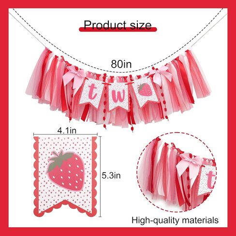 Strawberry 2nd Birthday High Chair Banner- Strawberry Themed Garland Decoration, Best Sweet Two Birthday Banner，Pink And Red Fairy Party Decoration， For Smash Cake Backdrop Photo Props Party Supplies in Kuwait
