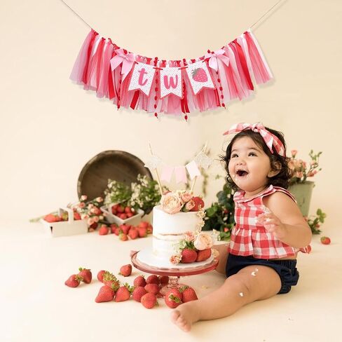 Strawberry 2nd Birthday High Chair Banner- Strawberry Themed Garland Decoration, Best Sweet Two Birthday Banner，Pink And Red Fairy Party Decoration， For Smash Cake Backdrop Photo Props Party Supplies in Kuwait