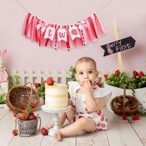 Strawberry 2nd Birthday High Chair Banner- Strawberry Themed Garland Decoration, Best Sweet Two Birthday Banner，Pink And Red Fairy Party Decoration， For Smash Cake Backdrop Photo Props Party Supplies in Kuwait