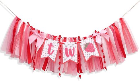 Strawberry 2nd Birthday High Chair Banner- Strawberry Themed Garland Decoration, Best Sweet Two Birthday Banner，Pink And Red Fairy Party Decoration， For Smash Cake Backdrop Photo Props Party Supplies in Kuwait