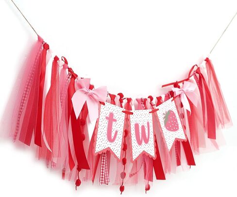 Strawberry 2nd Birthday High Chair Banner- Strawberry Themed Garland Decoration, Best Sweet Two Birthday Banner，Pink And Red Fairy Party Decoration， For Smash Cake Backdrop Photo Props Party Supplies in Kuwait