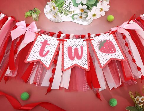 Strawberry 2nd Birthday High Chair Banner- Strawberry Themed Garland Decoration, Best Sweet Two Birthday Banner，Pink And Red Fairy Party Decoration， For Smash Cake Backdrop Photo Props Party Supplies in Kuwait