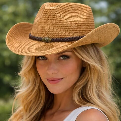 Khaki Straw Cowgirl Hat for Women Cowboy Hats for Men Wide Brim Sun Hat Shapeable Western Hat Beach Hat for Gardening, Hiking, Fishing, Beach in Kuwait