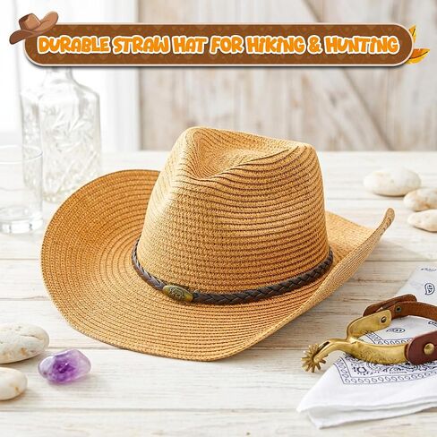 Khaki Straw Cowgirl Hat for Women Cowboy Hats for Men Wide Brim Sun Hat Shapeable Western Hat Beach Hat for Gardening, Hiking, Fishing, Beach in Kuwait