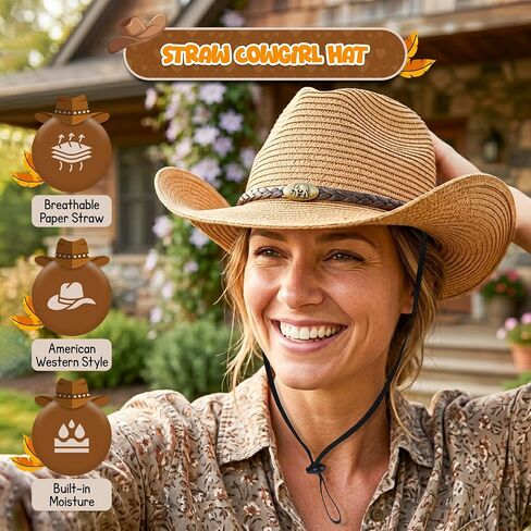 Khaki Straw Cowgirl Hat for Women Cowboy Hats for Men Wide Brim Sun Hat Shapeable Western Hat Beach Hat for Gardening, Hiking, Fishing, Beach in Kuwait