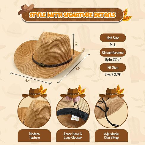 Khaki Straw Cowgirl Hat for Women Cowboy Hats for Men Wide Brim Sun Hat Shapeable Western Hat Beach Hat for Gardening, Hiking, Fishing, Beach in Kuwait