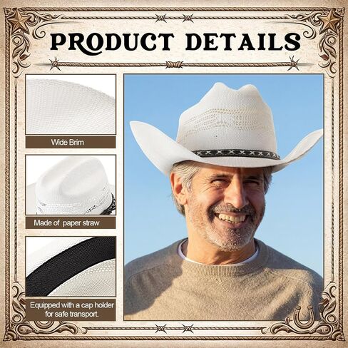 Cowboy Hat for Men Women with Cattleman Crease Wide Straw Brim Western Cowgirl Hat Breathable Western Sun Hat for Country Concert Rodeo and Cowgirl Outfits White in Kuwait