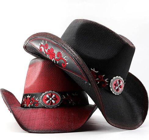 Women Men Cowboy Hats Western Style Belted Sun Protection Holiday Beach Straw Hiking Cap in Saudi Arabia