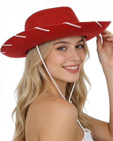 Red Felt Cowboy Hat with Adjustable Strap Adult Red Western Cowgirl Hat Vintage Western Sheriff Hats Wide-Brimmed Hats Classic Sheriff Costume for Halloween Cosplay Party in Saudi Arabia