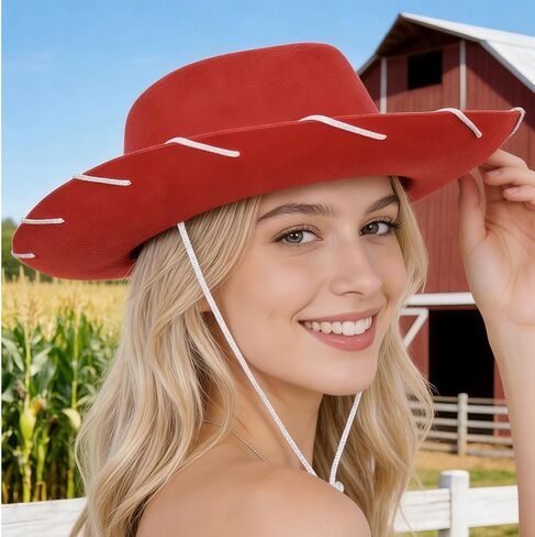 Red Felt Cowboy Hat with Adjustable Strap Adult Red Western Cowgirl Hat Vintage Western Sheriff Hats Wide-Brimmed Hats Classic Sheriff Costume for Halloween Cosplay Party in Saudi Arabia