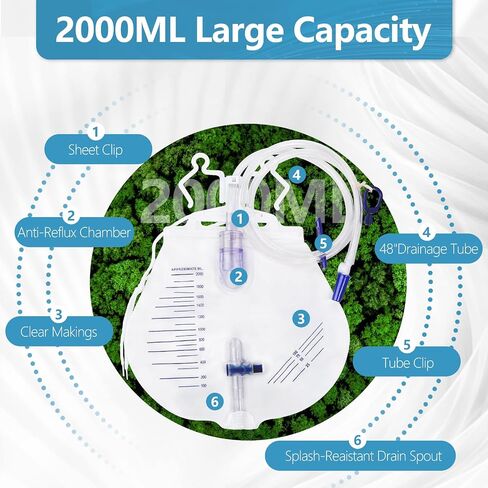 5 Pack 2000ml Urine Drainage Bag with 50 Inch Flexible Kink Resistant Tube Anti Reflux Chamber Cross Valve Dual Hooks and Hanging Cord for Convenient Daily Fluid Collection in Saudi Arabia