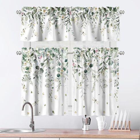 Eucalyptus Leaves Kitchen Curtains and Valances Set 3 Piece Farmhouse Short Tier Curtains with Rod Pocket Green Window Decor for Bedroom Living Room Bathroom (Green) in Kuwait