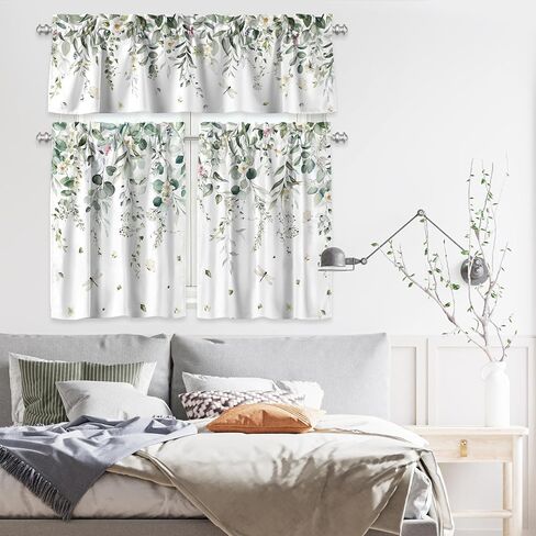 Eucalyptus Leaves Kitchen Curtains and Valances Set 3 Piece Farmhouse Short Tier Curtains with Rod Pocket Green Window Decor for Bedroom Living Room Bathroom (Green) in Kuwait
