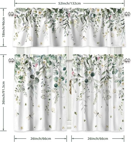 Eucalyptus Leaves Kitchen Curtains and Valances Set 3 Piece Farmhouse Short Tier Curtains with Rod Pocket Green Window Decor for Bedroom Living Room Bathroom (Green) in Kuwait