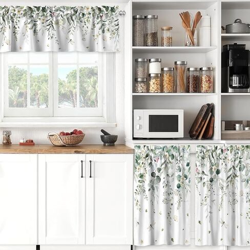 Eucalyptus Leaves Kitchen Curtains and Valances Set 3 Piece Farmhouse Short Tier Curtains with Rod Pocket Green Window Decor for Bedroom Living Room Bathroom (Green) in Kuwait
