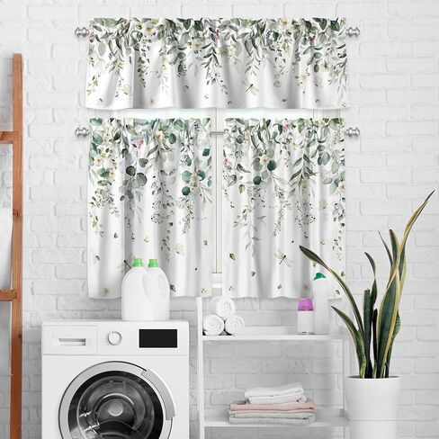Eucalyptus Leaves Kitchen Curtains and Valances Set 3 Piece Farmhouse Short Tier Curtains with Rod Pocket Green Window Decor for Bedroom Living Room Bathroom (Green) in Kuwait