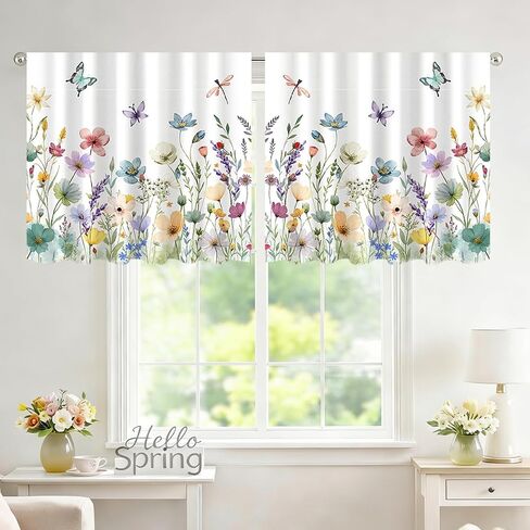 2 Panels Watercolor Floral Window Curtain 23.62 x 24.8 Inch, Spring Colorful Wildflower Butterfly Window Treatment Drapes Tier, Short Curtain for Bedroom Living Room Holiday Window Decor in Kuwait