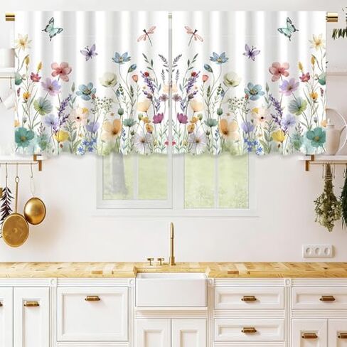 2 Panels Watercolor Floral Window Curtain 23.62 x 24.8 Inch, Spring Colorful Wildflower Butterfly Window Treatment Drapes Tier, Short Curtain for Bedroom Living Room Holiday Window Decor in Kuwait