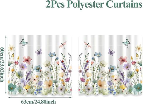 2 Panels Watercolor Floral Window Curtain 23.62 x 24.8 Inch, Spring Colorful Wildflower Butterfly Window Treatment Drapes Tier, Short Curtain for Bedroom Living Room Holiday Window Decor in Kuwait