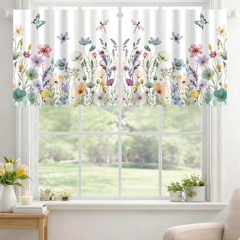 2 Panels Watercolor Floral Window Curtain 23.62 x 24.8 Inch, Spring Colorful Wildflower Butterfly Window Treatment Drapes Tier, Short Curtain for Bedroom Living Room Holiday Window Decor in Kuwait