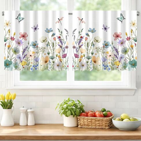 2 Panels Watercolor Floral Window Curtain 23.62 x 24.8 Inch, Spring Colorful Wildflower Butterfly Window Treatment Drapes Tier, Short Curtain for Bedroom Living Room Holiday Window Decor in Kuwait