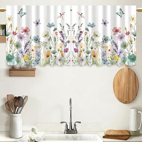 2 Panels Watercolor Floral Window Curtain 23.62 x 24.8 Inch, Spring Colorful Wildflower Butterfly Window Treatment Drapes Tier, Short Curtain for Bedroom Living Room Holiday Window Decor in Kuwait