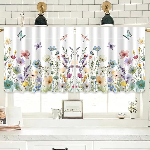 2 Panels Watercolor Floral Window Curtain 23.62 x 24.8 Inch, Spring Colorful Wildflower Butterfly Window Treatment Drapes Tier, Short Curtain for Bedroom Living Room Holiday Window Decor in Kuwait