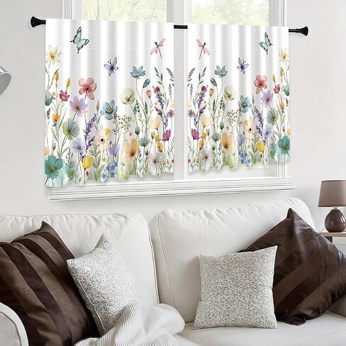 2 Panels Watercolor Floral Window Curtain 23.62 x 24.8 Inch, Spring Colorful Wildflower Butterfly Window Treatment Drapes Tier, Short Curtain for Bedroom Living Room Holiday Window Decor in Kuwait