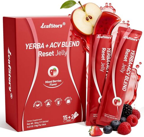 Yerba Mate & ACV Reset Jelly-Mixed Berry Flavor, Support Gut Cleansing, Detox, and Metabolism, with Chia Seeds & Yerba Mate -17 Sticks in Kuwait
