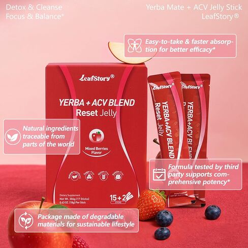 Yerba Mate & ACV Reset Jelly-Mixed Berry Flavor, Support Gut Cleansing, Detox, and Metabolism, with Chia Seeds & Yerba Mate -17 Sticks in Kuwait