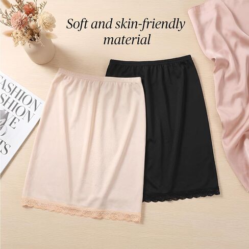 Tucnoeu 2pcs Women's Half Slip Under Dresses, Knee Length, Short Smooth Lace Trim Half Slips for Underskirt Slip Dress Anti-exposure in Kuwait