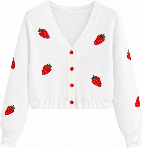 Girls Strawberry Knit Cardigan V Neck Button Down Kids Layering Sweater Cute Tops in Saudi Arabia