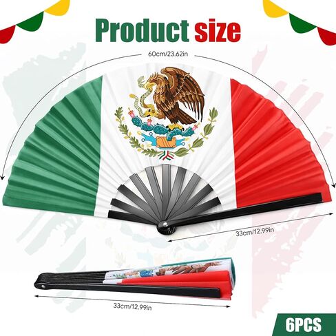 Bucherry 6 Pcs Large Mexico Flag Handheld Fan Foldable Clacking Bandera De Mexico Fan for Mexican Independence Day Raves Parties Events Parades Indoor and Outdoor Use in Kuwait