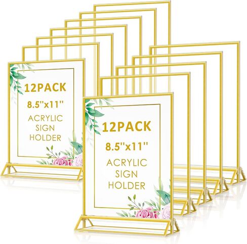 Enayplon Acrylic Sign Holder 8.5 x 11, 12 Pack Double Sided Flyer Holder, Table Menu Holder Display Stand for Wedding, Party, Gold Picture Frame Stand up Table Top Menu Holder in Saudi Arabia