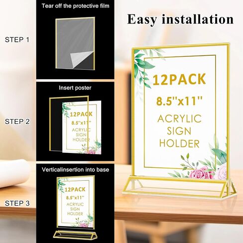 Enayplon Acrylic Sign Holder 8.5 x 11, 12 Pack Double Sided Flyer Holder, Table Menu Holder Display Stand for Wedding, Party, Gold Picture Frame Stand up Table Top Menu Holder in Saudi Arabia