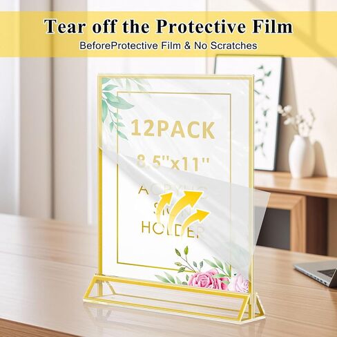 Enayplon Acrylic Sign Holder 8.5 x 11, 12 Pack Double Sided Flyer Holder, Table Menu Holder Display Stand for Wedding, Party, Gold Picture Frame Stand up Table Top Menu Holder in Saudi Arabia